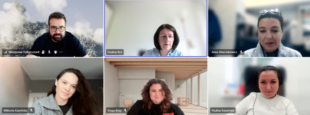 Six-person video call grid: Władysław Halbersztadt, Paulina Ros, Anna Marcinkiewicz, Wiktoria Kamińska, Kinga Bryg, Paulina Karpińska